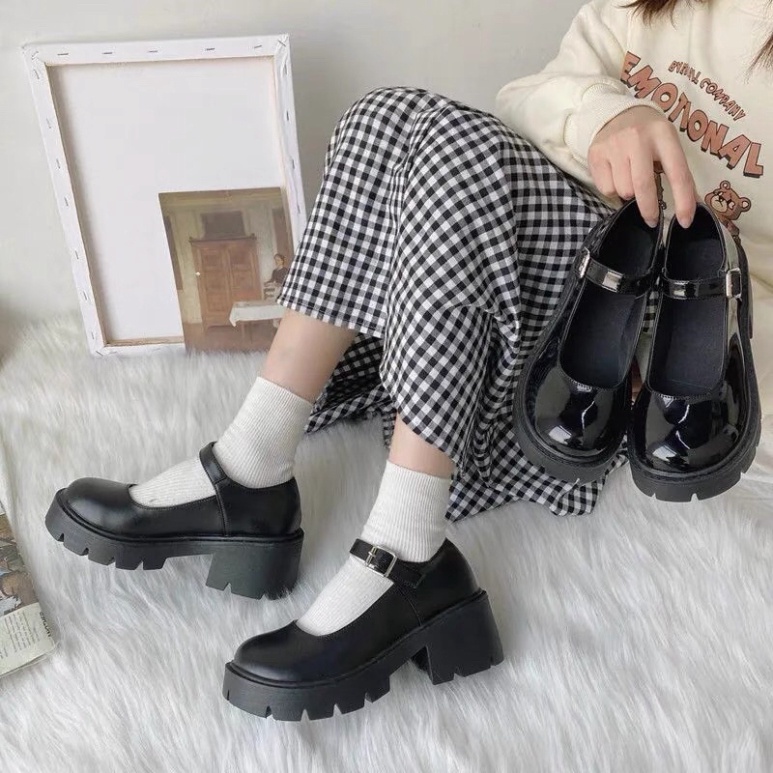 Giày Nữ Lolita Dây Cài Đế Vuông Cao 5cm, Giày Búp Bê Độn Đế Chất Da Đế Dày Mũi Tròn Phong Cách Retro Nhật Bản