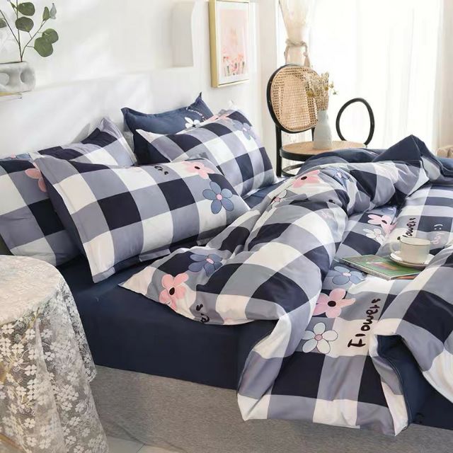 Bộ Chăn Ga Gối Ô Vuông Xám Cotton Poly