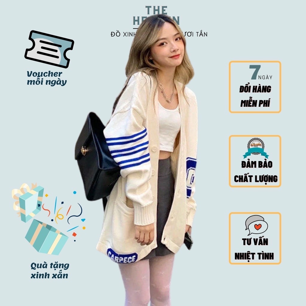 Cardigan len dày, Áo khoác Cardigan nữ form rộng in chữ G màu be phong cách Hàn Quốc