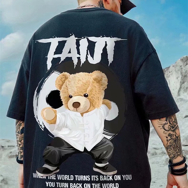 Áo Thun Tay Ngắn Dáng Rộng In Họa Tiết Hoạt Hình Chú Gấu Phong Cách Hip Hop Đường Phố Hàn Quốc Thời Trang Mùa Hè Cho Nam Và Nữ M-8XL