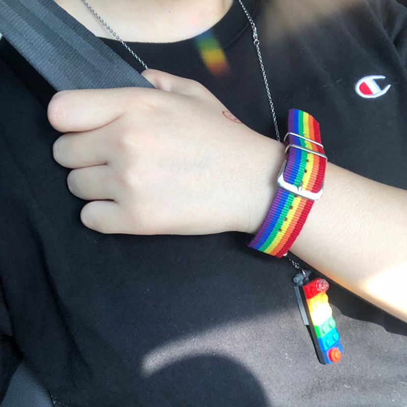 Dây Đeo Đồng Hồ Bằng Nylon Bện Họa Tiết Kẻ Sọc Cầu Vồng Có Thể Điều Chỉnh Cho Valentine
