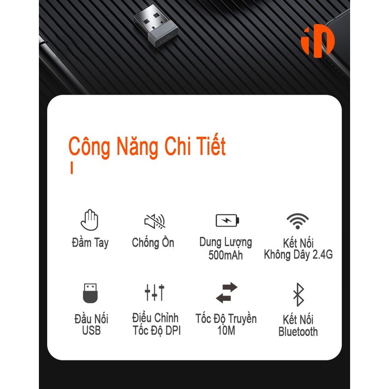 Chuột không dây Bluetooth 2.4Ghz  2 trong 1 chống ồn tự sạc pin chính hãng inphic cho laptop táo PC