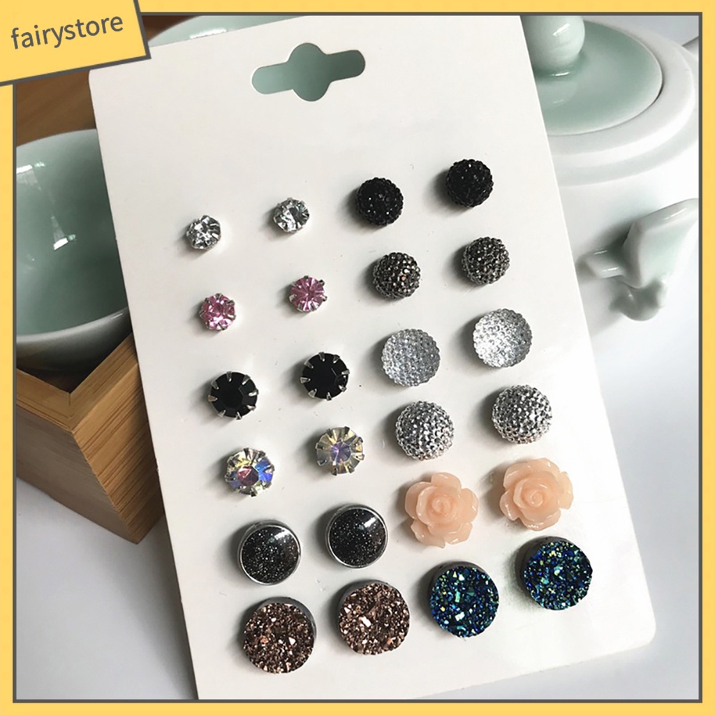 12 Đôi Khuyên Tai Kim Loại Đính Đá Màu Thời Trang Cho Nữ