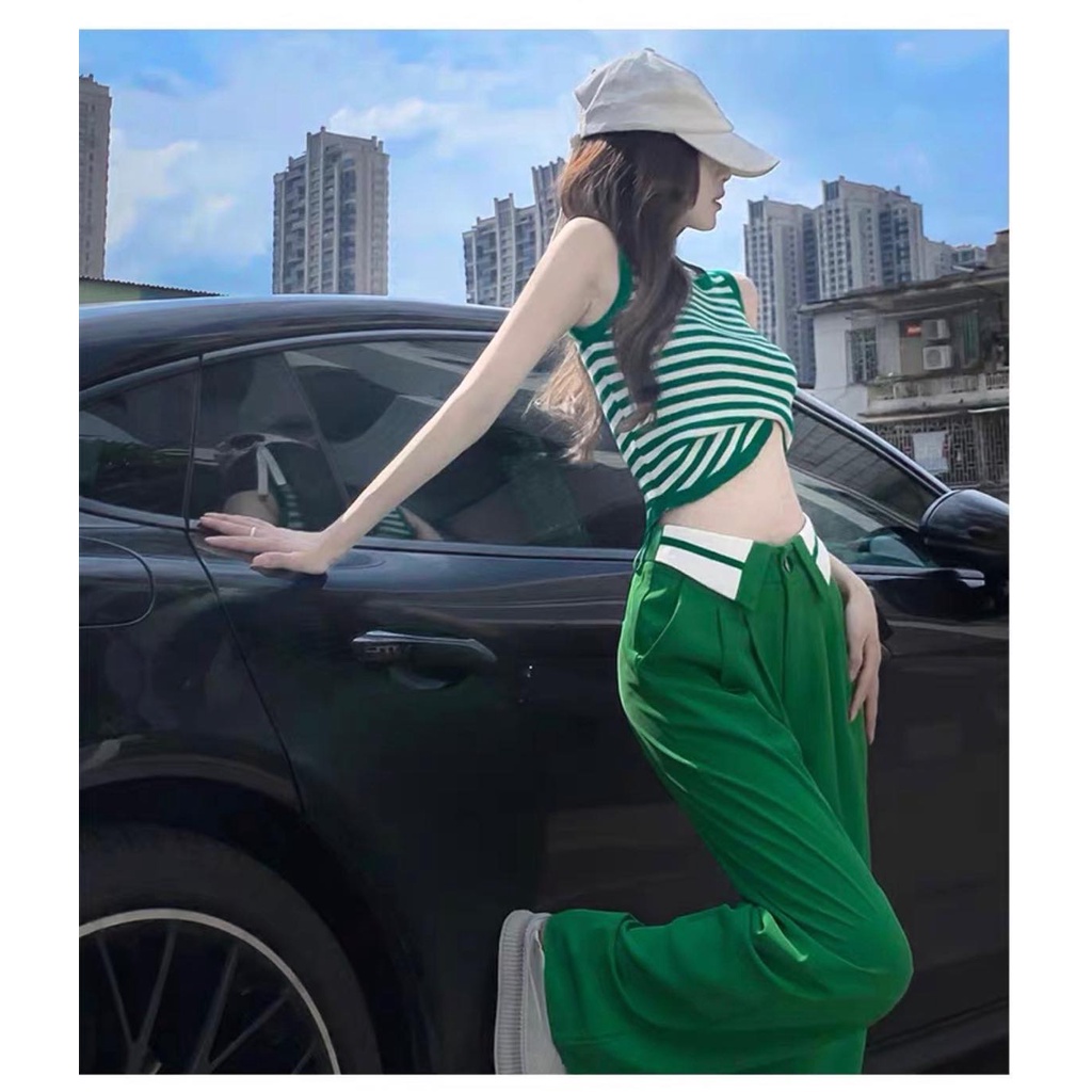 BỘ QUẦN SUÔNG PHỐI ĐAI LẬT VIỀN MÀU+ ÁO THUN KHÔNG TAY SỌC NGANG 060922