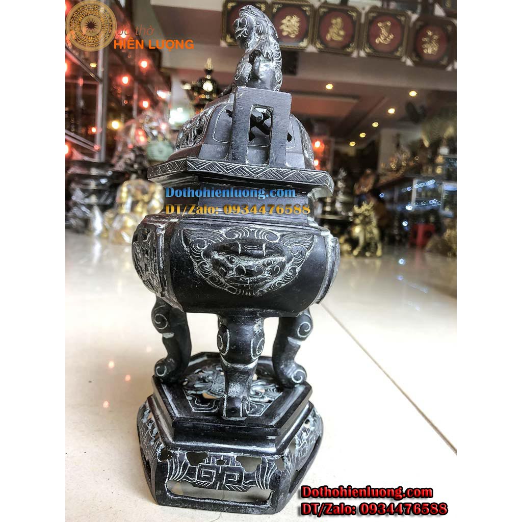 Lư Đỉnh Xông Trầm Lục Giác Hoa Văn Tùng Cúc Trúc Mai Tai Vuông Màu Đen Giả Cổ Bằng Đồng Nguyên Chất