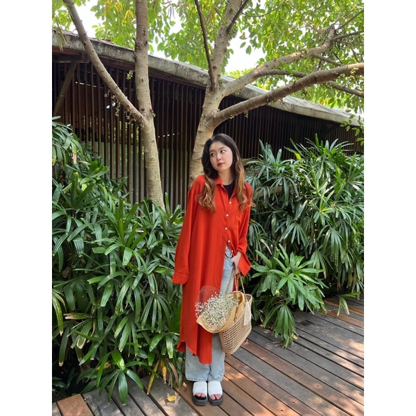 Đầm Sơ Mi Midi Tay Dài Form Rộng Dáng Dài Phong Cách Hàn Quốc Minipie