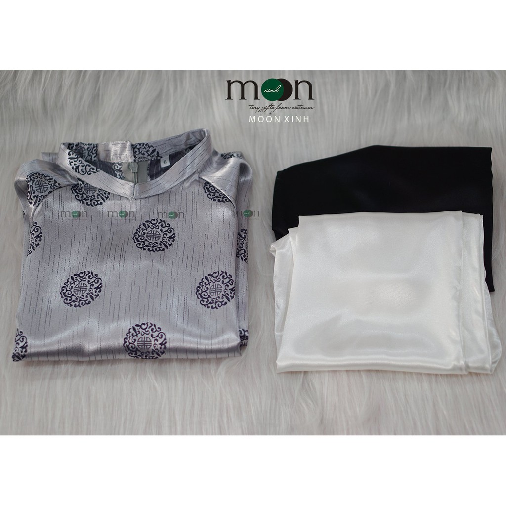 Áo dài tết cho bé trai VNS 335  của Moon Xinh Họa tiết chữ Phúc may mắn Màu ghi Chất gấm lụa mát, sóng vải