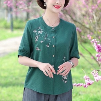 Áo Trung Niên MAI THY 711, Mẫu Áo LINEN Trung Niên Tay Ngắn Cổ Tròn Thêu Hoa Form Bigsize | Thời Trang Trung Niên U50