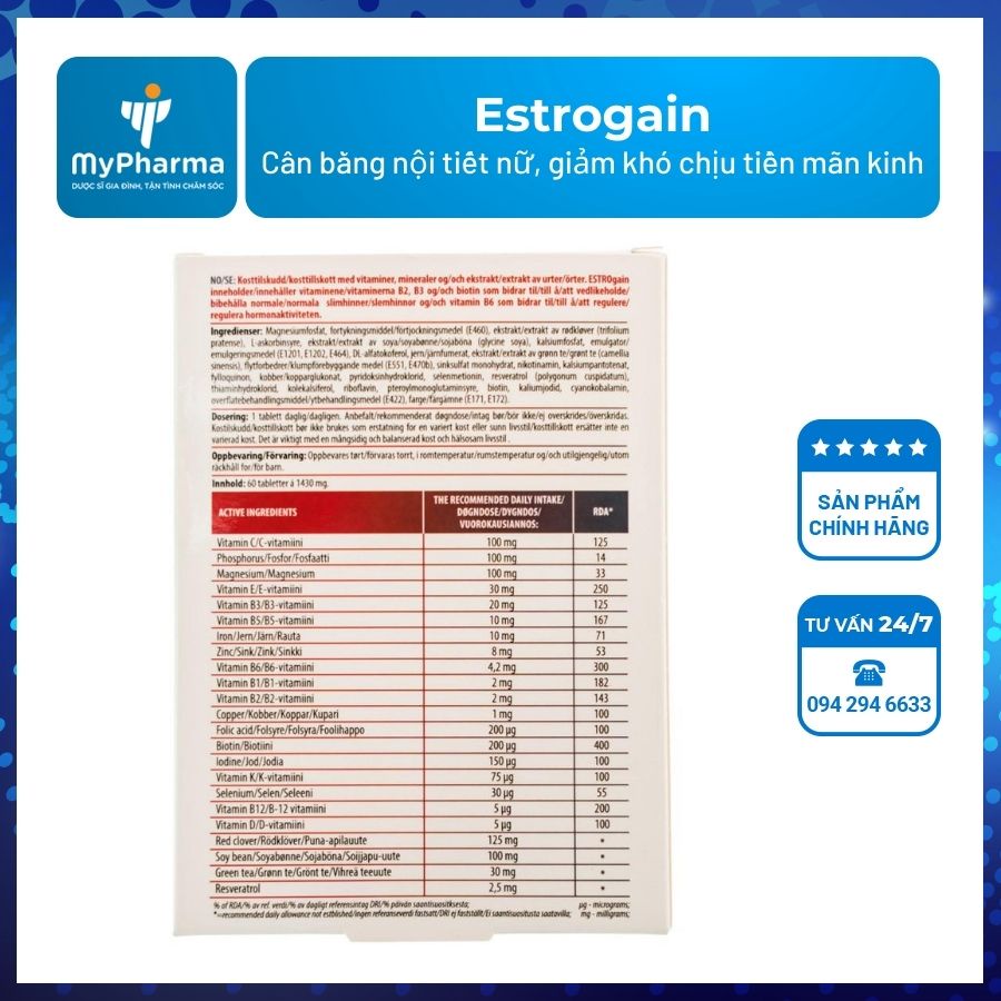 Estrogain – Hỗ trợ cân bằng nội tiết nữ, giảm khó chịu tiền mãn kinh, mãn kinh - hộp 30 viên - nhập khẩu Anh quốc