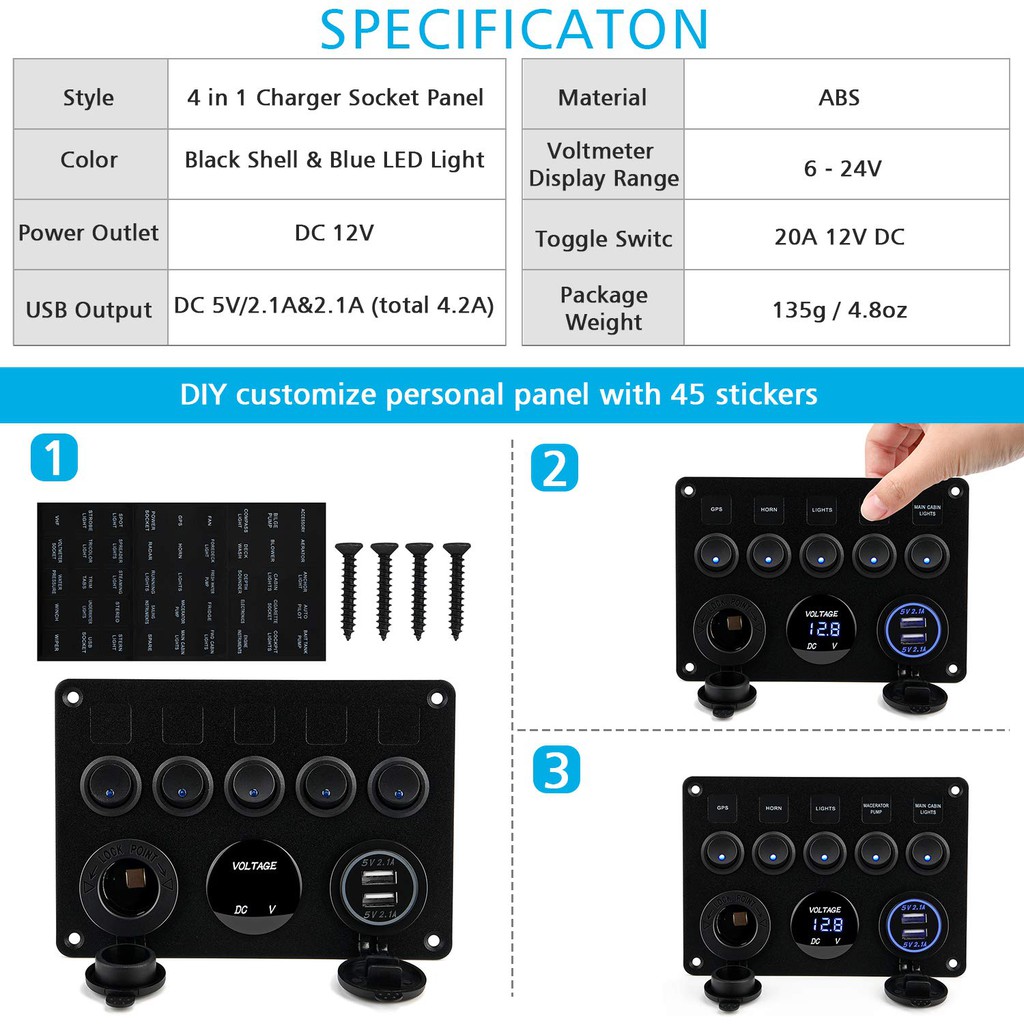 Bảng Công Tắc Đèn Led 5 Nút Chống Nước 12V Cho Tàu Thuyền Xe Hơi