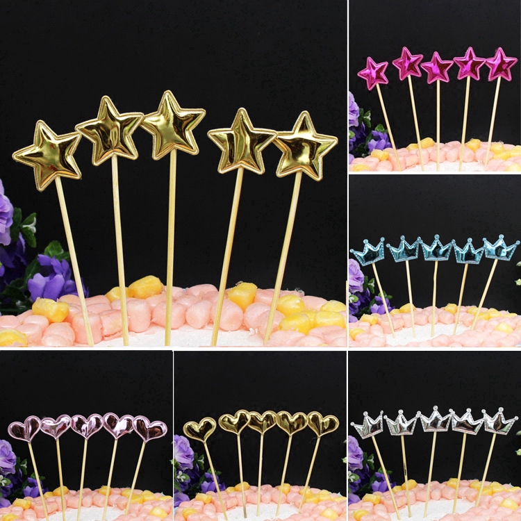Set 5 que cắm trang trí bánh kem hình vương miện/trái tim/sao dễ thương