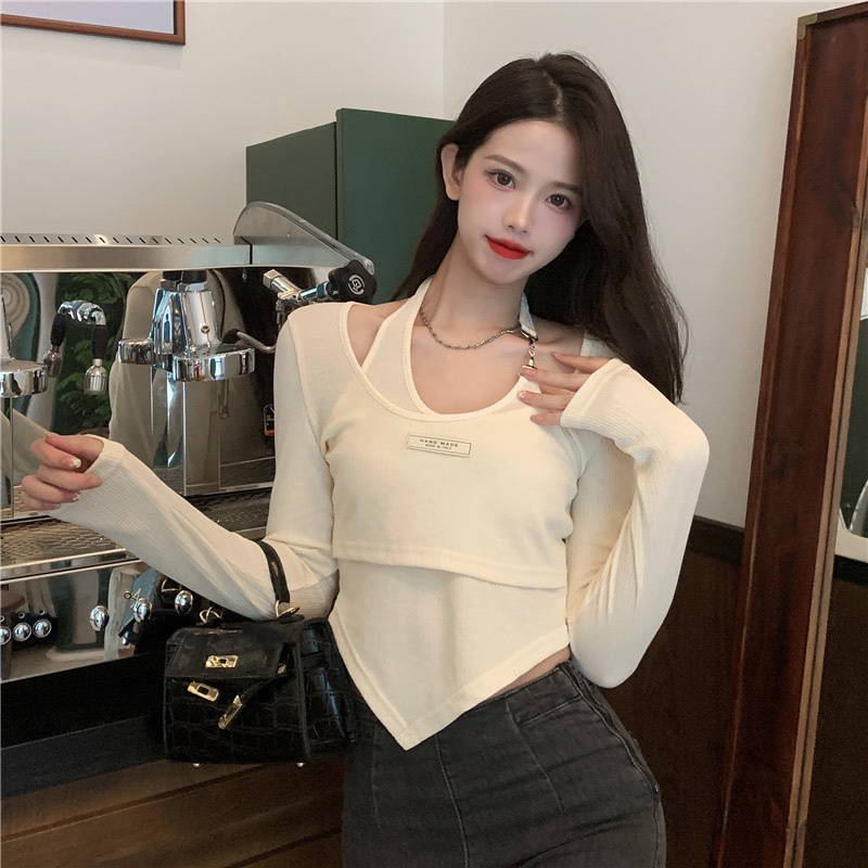 [Hàng loại 1] Áo Croptop Tay Dài Cổ Yếm Hot Girl Phối Móc Nối Kim Loại Áo Kiểu Cá Tính Cho Nữ Chất Gân Dày Dặn- RA074