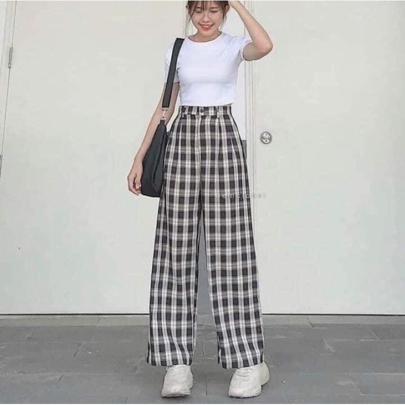 Quần kẻ caro ống rộng dáng dài cạp cao SIÊU HOT