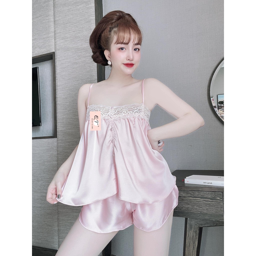 Đồ ngủ sexy nữ 2 dây bộ ngủ hai dây set ngủ kèm quần, ren trước ngực có nút bọc mát mềm mại gợi cảm [DN51]