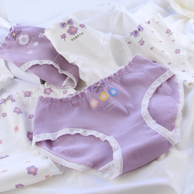 Quần Lót Cotton Co Dãn 4 Chiều Hoa 5 Cánh Tím Pastel