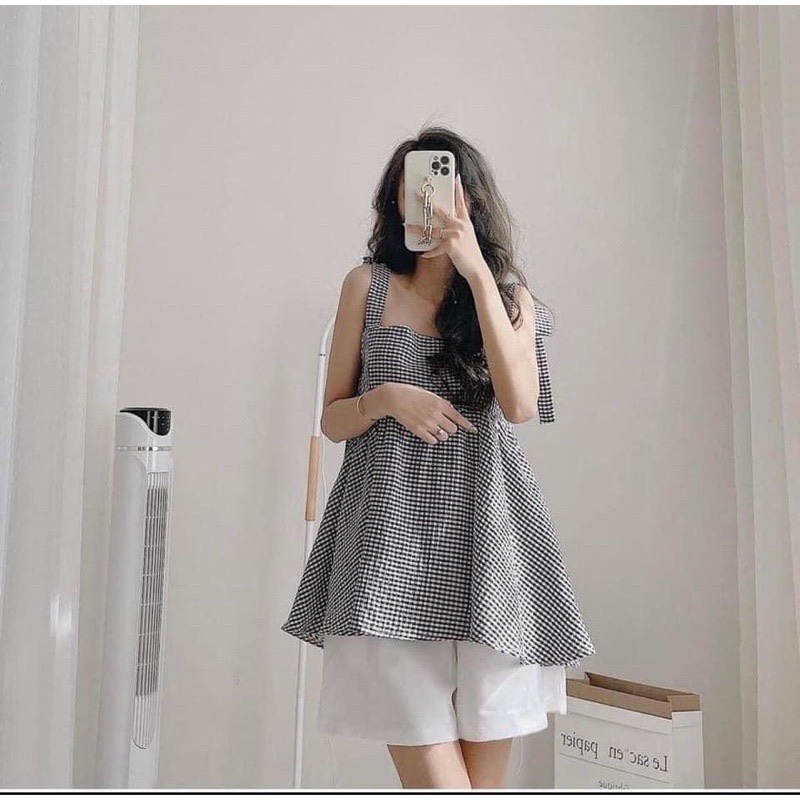 Set Hai Dây Kẻ Xốp Buộc Nơ Kèm Quần Short Trắng Nữ - Sét Đồ Ulzzang Áo Baby Doll Kẻ Caro 3 Màu Siêu Xinh