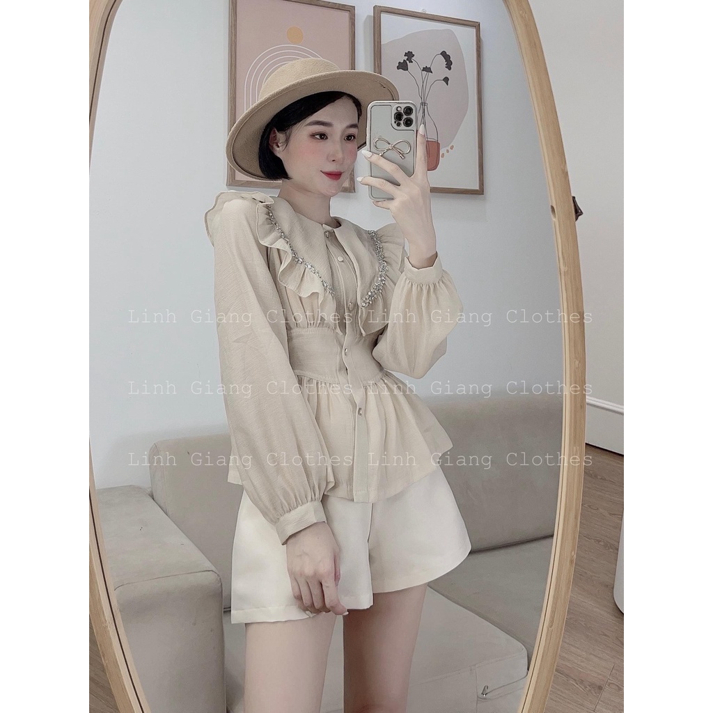 SET ÁO PEPLUM NUDE CỔ BÈO BO EO + SHORT