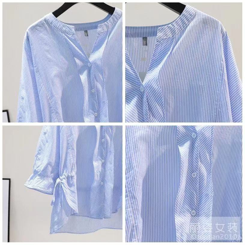 Đầmváy body✆Áo sơ mi cotton xẻ hông và thắt lưng nữ sọc xanh lơ lửng mùa hè 2021 bông mỏng cổ chữ V nhỏ tươi mát