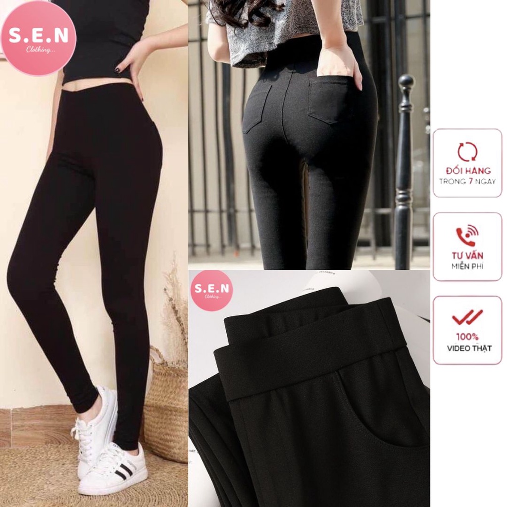 Quần legging nữ dài vải cotton co giãn có túi
