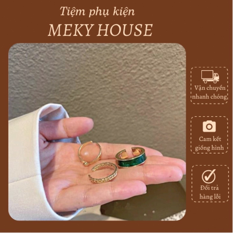 Set nhẫn hở đeo tay cho nữ 3 chiếc màu xanh phong cách Hàn Quốc