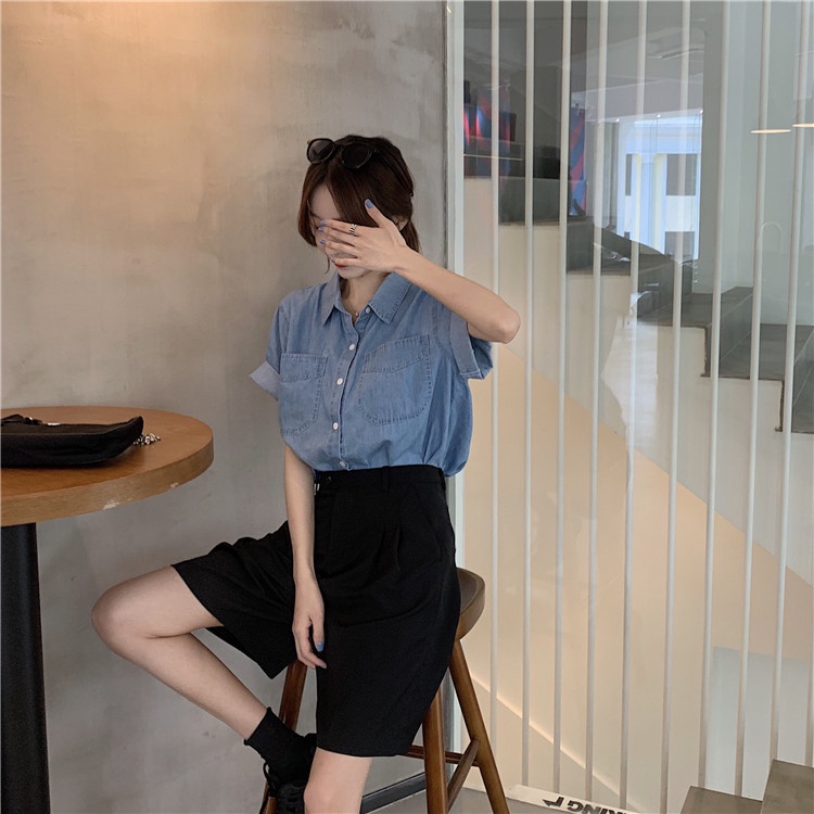 Áo Sơ Mi Denim Tay Ngắn Dáng Rộng Đơn Giản Thời Trang Cho Nữ