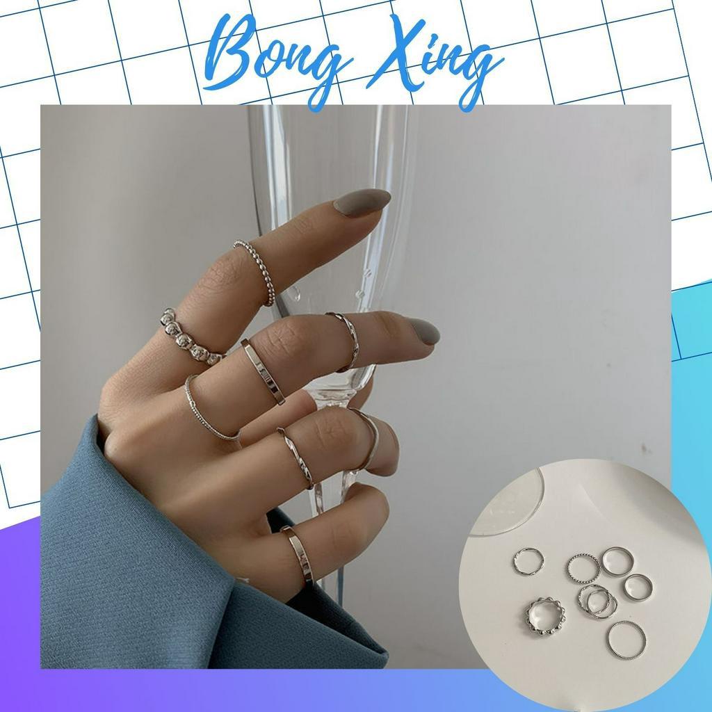 Set 8 Nhẫn Đeo Tay Mạ Bạc Phong Cách Retrothời Trang Cho Nam Nữ N07