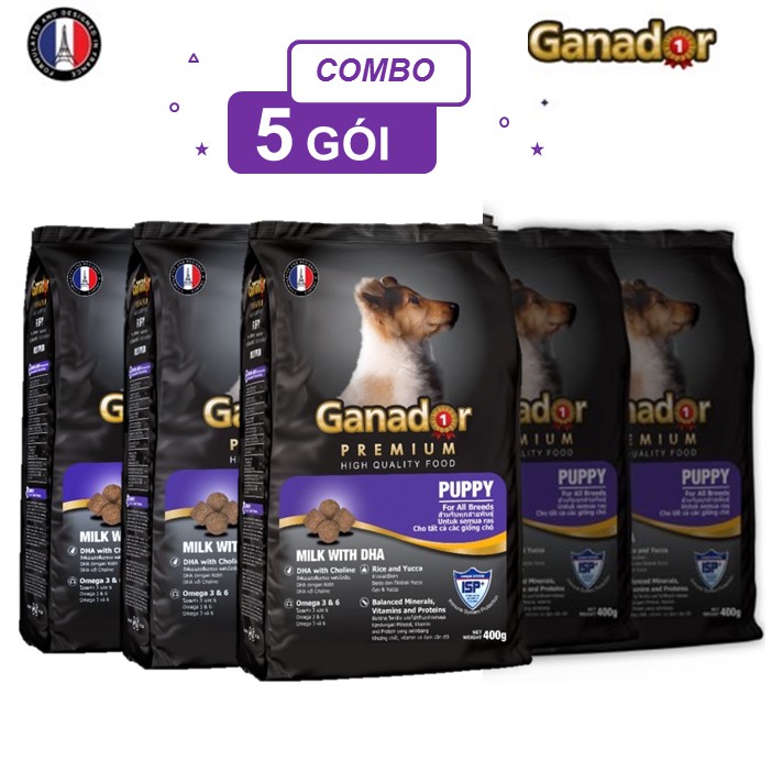 Combo 5 x 400 gram/1 gói Thức ăn cho chó con Ganador vị sữa & DHA Puppy Milk with DHA