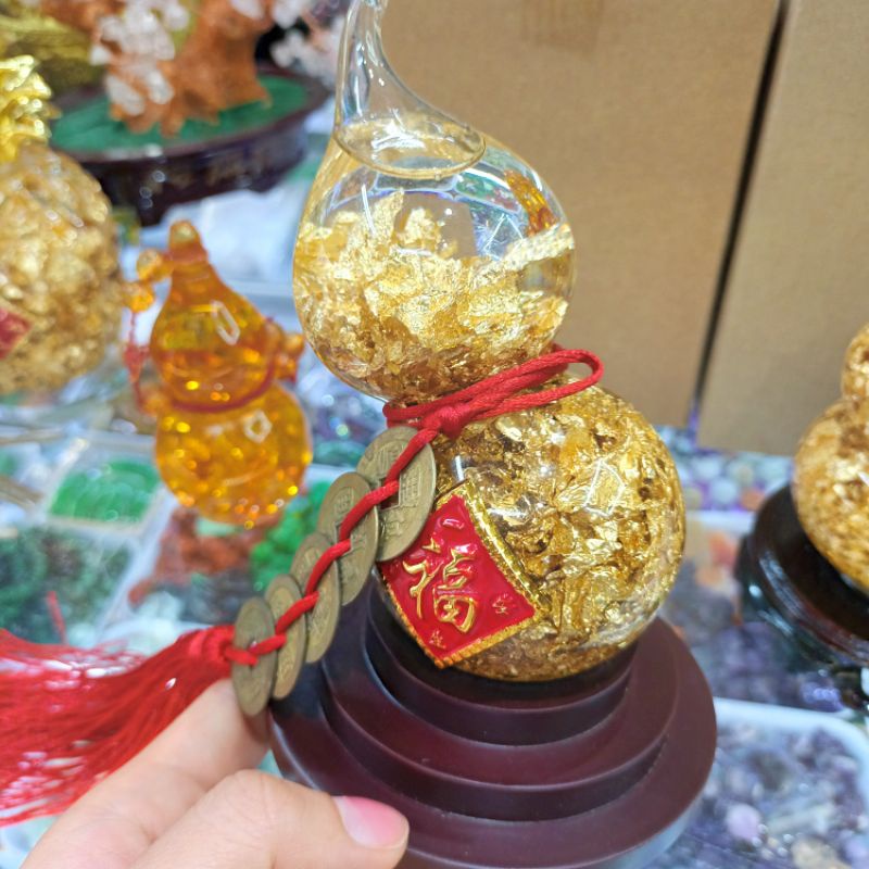 Bầu hồ lô đá  pha lê lưu ly nước ngải dát lá vàng cầu sưc khoe,tài lộc, may mắn