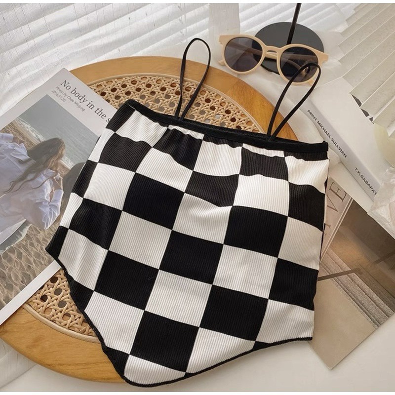 Áo croptop nữ kẻ sọc caro 2 dây luồn dây tròn cột cổ sexy Cá tính nữ