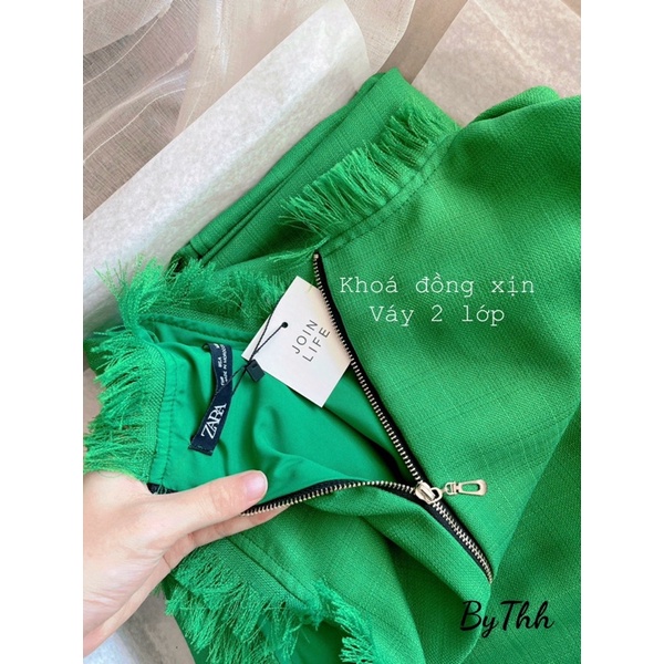 Bán sỉ váy xanh suông tweed tua zua