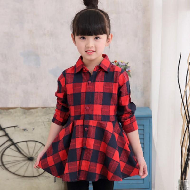 Đầm sơ mi sọc caro đỏ cho bé gái