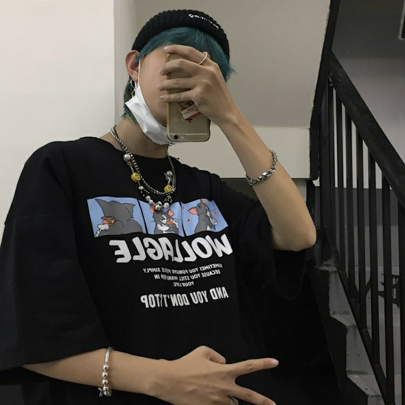 Áo thun % Hình thật B'Teen tay lỡ Unisex WOLLAGLE mèo