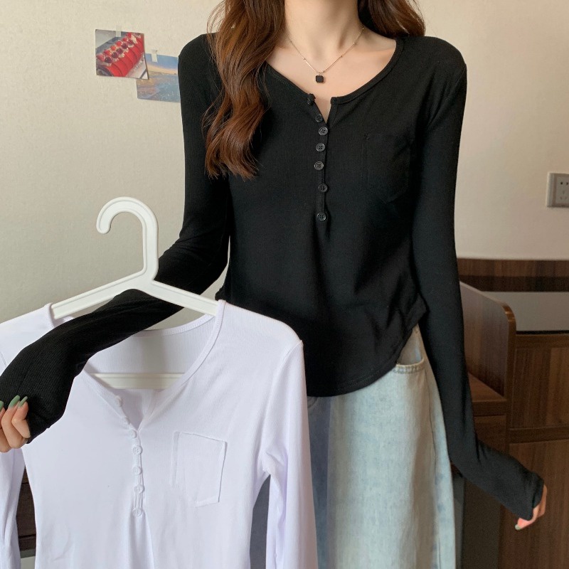 Áo Thun Ngắn Dáng Ôm Cài Nút Thời Trang Mùa Thu Mới Cho Nữ