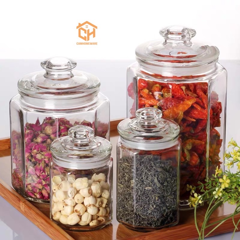 Lọ Gia Vị Thuỷ Tinh Đựng Thực Phẩm Lục Lăng Có Gioang Chống Ẩm Mốc Cam Homeware