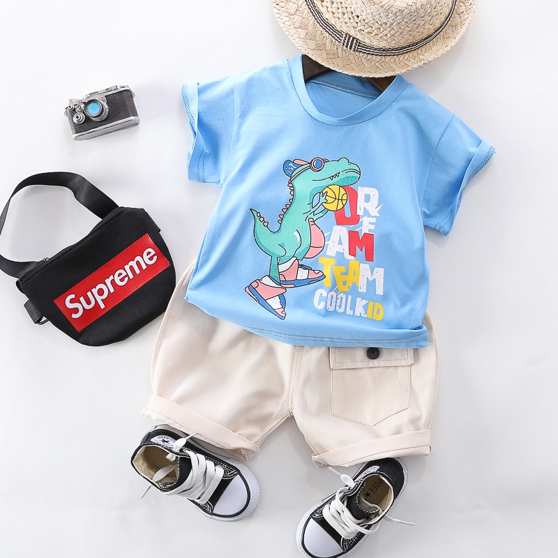 Boy phù hợp với bé quần áo cậu bé 0-4 tuổi mẫu boy phim hoạt hình khủng long T-shirt + quần short 2 mảnh bộ