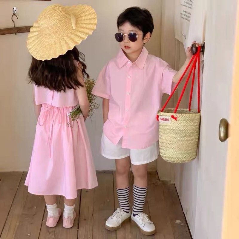 Set áo sơmi hồng + váy cho bé trai và bé gái