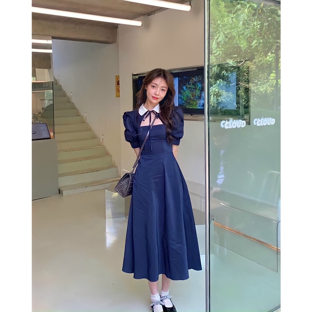 Đầm dài xanh navy khoét ngực cổ trắng - 𝑱𝑨𝑺𝑴𝑰𝑵𝑬 𝑫𝑹𝑬𝑺𝑺