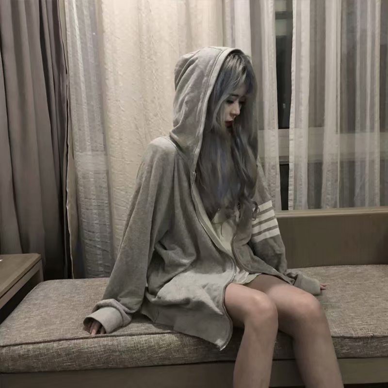 Áo Khoác Hoodie Mỏng Dáng Rộng Phối Khóa Kéo Kiểu Hàn Quốc Thời Trang Cho Cặp Đôi 2 Màu Lựa Chọn