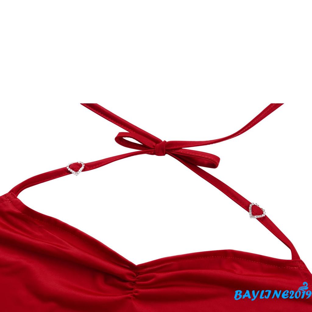 Bay-Women Casual Suit, Solid Color Sleeveless Backless Halter Crop Tops+Slim Fit Bandage Short Skirt