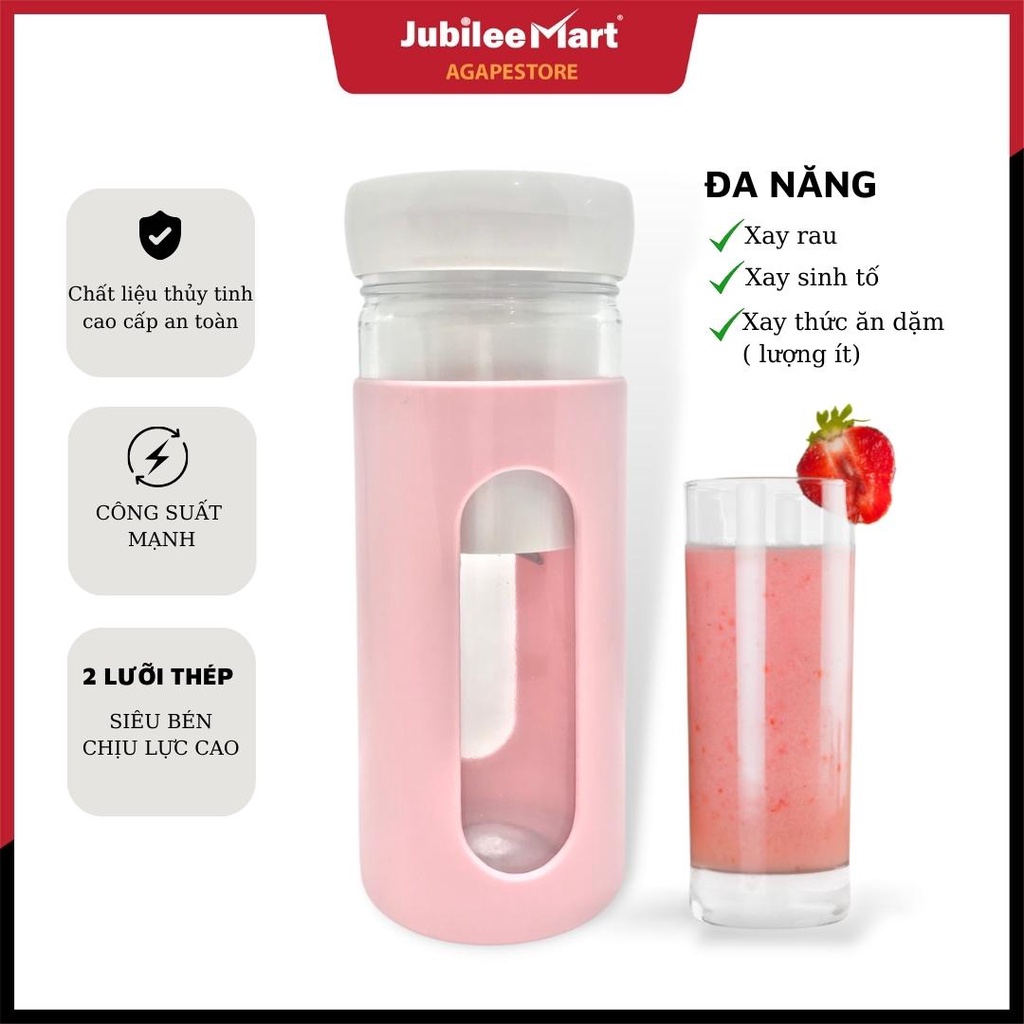 Máy Xay Sinh Tố Cầm Tay Mini Đa Năng 2 LƯỠI Bình Thủy Tinh Dung Tích 300mL, Pin 2000mA Sạc USB [Bảo Hành 12 Tháng]
