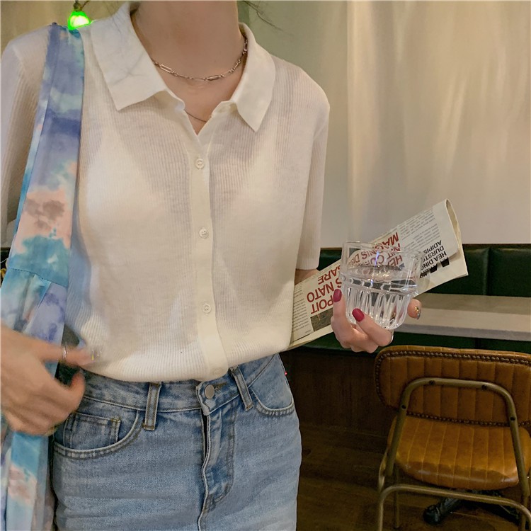 Áo thun POLO dệt kim tay ngắn dáng rộng màu sắc đơn giản dễ phối đồ | BigBuy360 - bigbuy360.vn