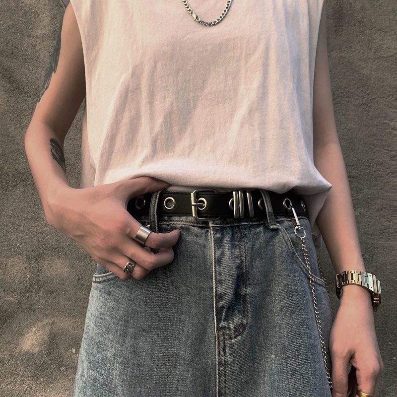 Thắt lưng da PU 22534 thiết kế đục lỗ phối dây xích thời trang punk dễ phối đồ cho nam và nữ