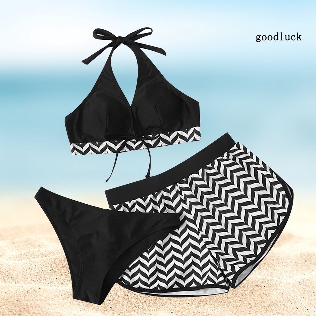 Bộ Đồ Bơi 3 Mảnh Quần Short Lưng Thun Phối Dây Cột Thời Trang Quyến Rũ Cho Nữ