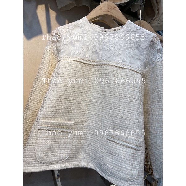 SALE Áo dạ tweed be pha vai ren chuẩn NT closet