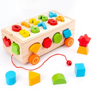 Bộ đồ chơi xe cũi thả hình khối và ghép số bằng gỗ cho bé