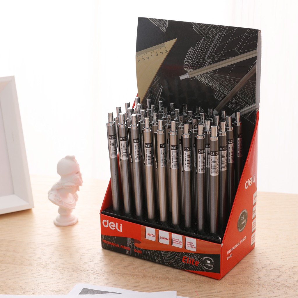 Bút chì kim bấm kỹ thuật 0.5mm Deli -1 chiếc - Mechanical pencil bảo vệ ngòi chì kèm đầu tẩy thân kim loại chống hao mòn