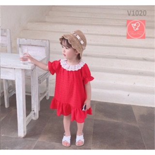 Váy bé gái đuôi cá đỏ cổ ren trắng