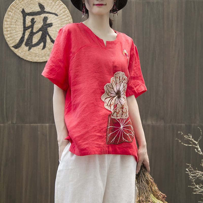 Áo thun polyester ngắn tay thêu hoa kích cỡ lớn M-4XL dành cho nữ