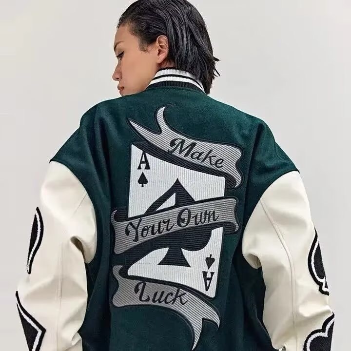 Áo bomber nam nữ màu xanh đặc biệt họa tiết thêu Át cao cấp Áo varcity Miuzi DT138