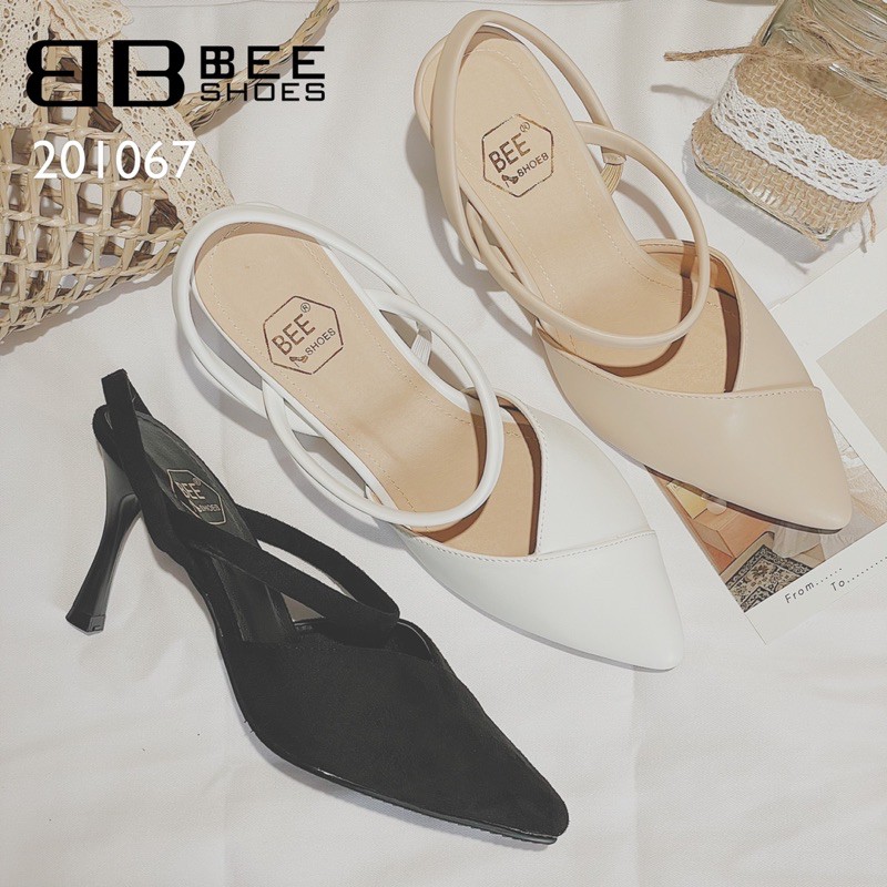 BEESHOES - GIÀY CAO GÓT NỮ MŨI NHỌN DÂY NGANG - GIÀY CAO GÓT NỮ GÓT NHỌN CAO 7 PHÂN SẴN MÀU ĐEN - BE - TRẮNG 201067